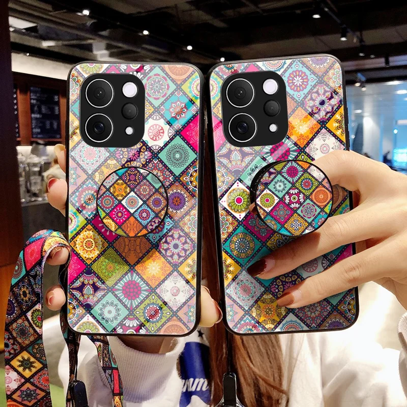 Handyhülle für vivo V70 5G / S50 5G mit Ständer, ethnischen Mustern, gehärtetem Glas und Trageband - Kariertes Muster