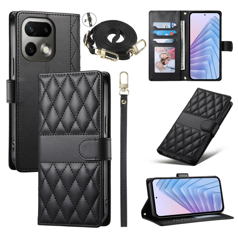For Realme 16 Pro 5G Wallet Case Rhombus Stitching Stand Leather Phone Cover with Long  /  Short Strap - Black