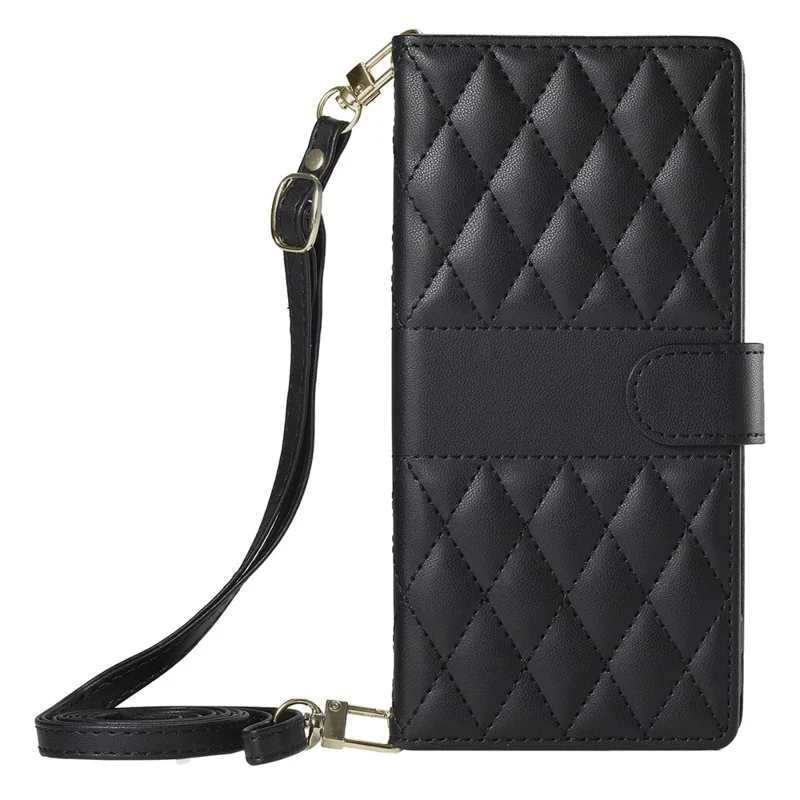 For Realme 16 Pro 5G Wallet Case Rhombus Stitching Stand Leather Phone Cover with Long  /  Short Strap - Black