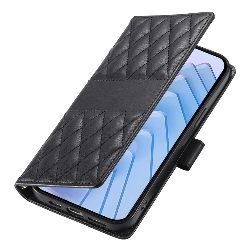 For Realme 16 Pro 5G Wallet Case Rhombus Stitching Stand Leather Phone Cover with Long  /  Short Strap - Black