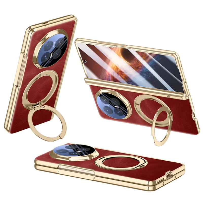 For Honor Magic V6 5G Magnetic Case with Tempered Glass 360° Rotatable Metal Ring Kickstand PU Leather + PC + Acrylic Cover - Red