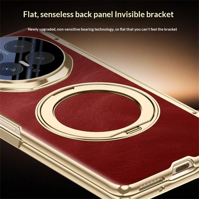 For Honor Magic V6 5G Magnetic Case with Tempered Glass 360° Rotatable Metal Ring Kickstand PU Leather + PC + Acrylic Cover - Red