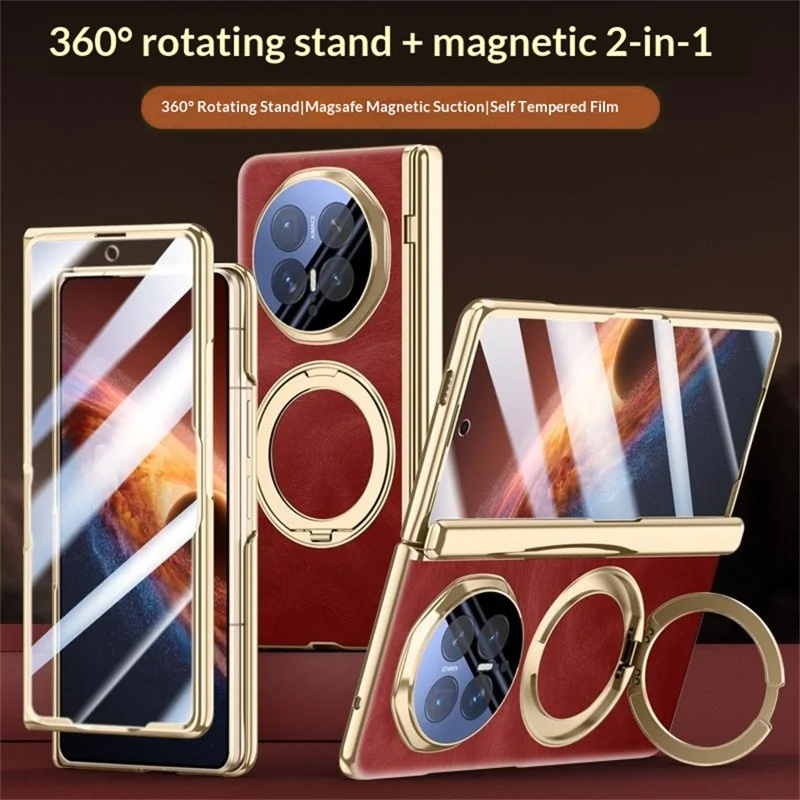 For Honor Magic V6 5G Magnetic Case with Tempered Glass 360° Rotatable Metal Ring Kickstand PU Leather + PC + Acrylic Cover - Red