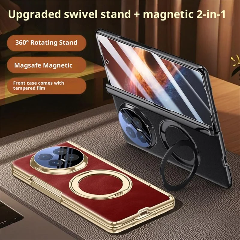 For Honor Magic V6 5G Magnetic Case with Tempered Glass 360° Rotatable Metal Ring Kickstand PU Leather + PC + Acrylic Cover - Red