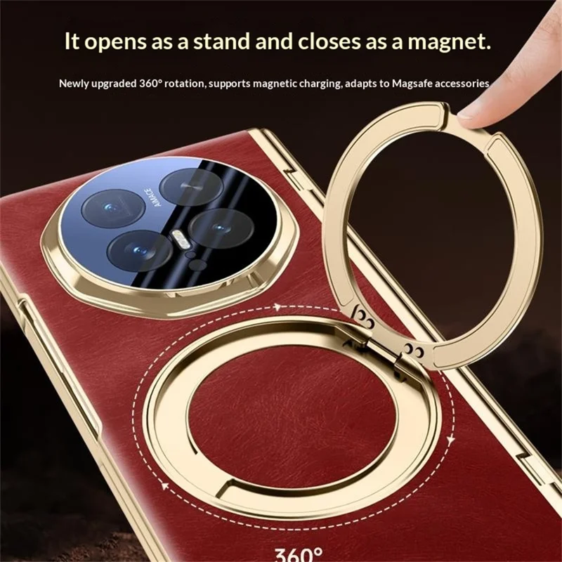 For Honor Magic V6 5G Magnetic Case with Tempered Glass 360° Rotatable Metal Ring Kickstand PU Leather + PC + Acrylic Cover - Red