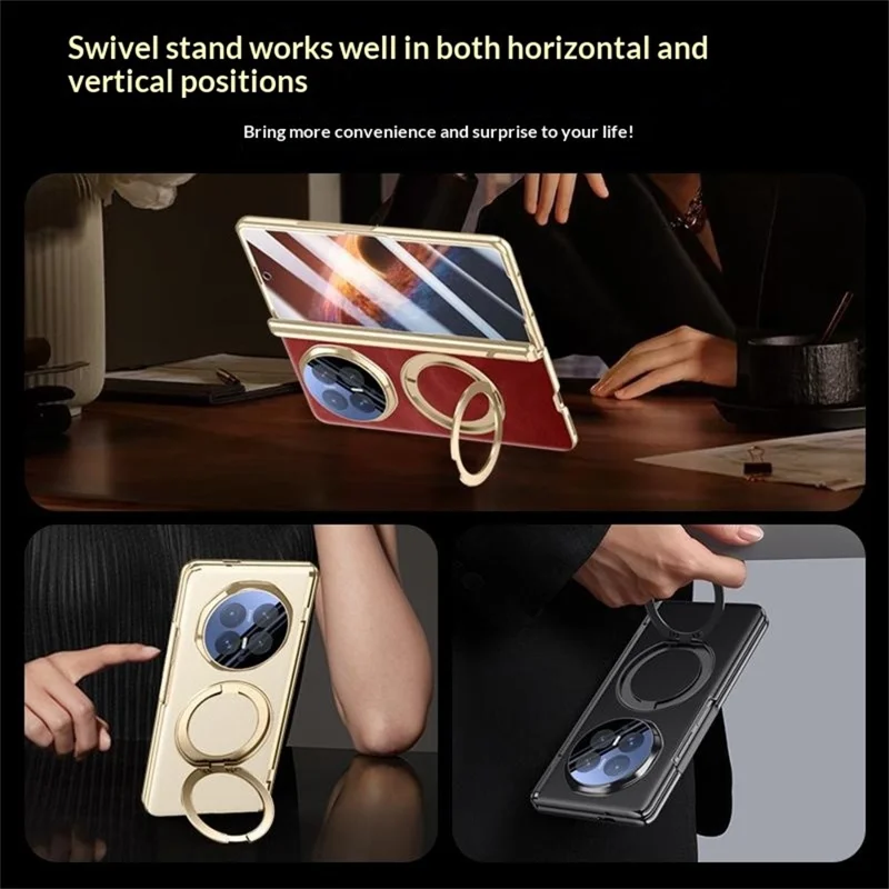 For Honor Magic V6 5G Magnetic Case with Tempered Glass 360° Rotatable Metal Ring Kickstand PU Leather + PC + Acrylic Cover - Red