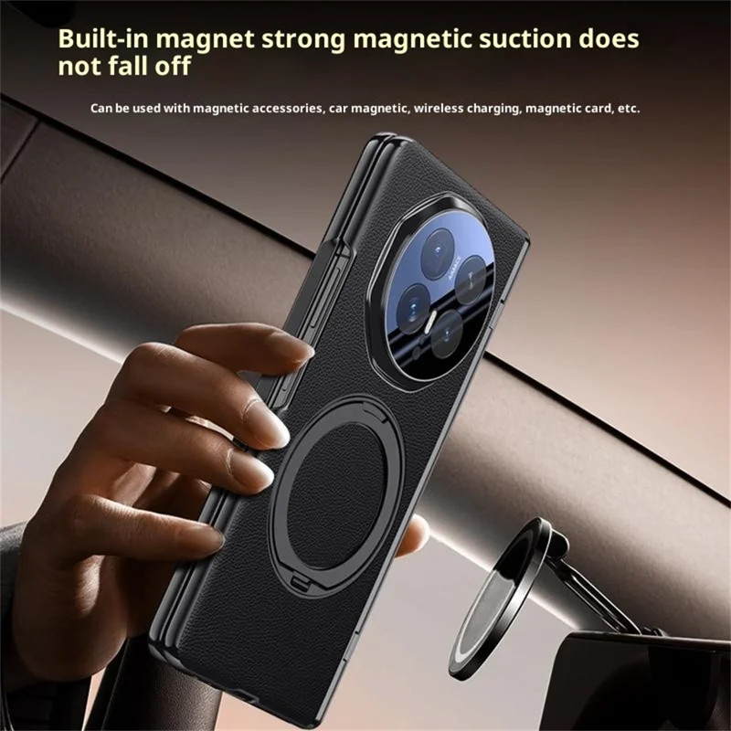 For Honor Magic V6 5G Magnetic Case with Tempered Glass 360° Rotatable Metal Ring Kickstand PU Leather + PC + Acrylic Cover - Red