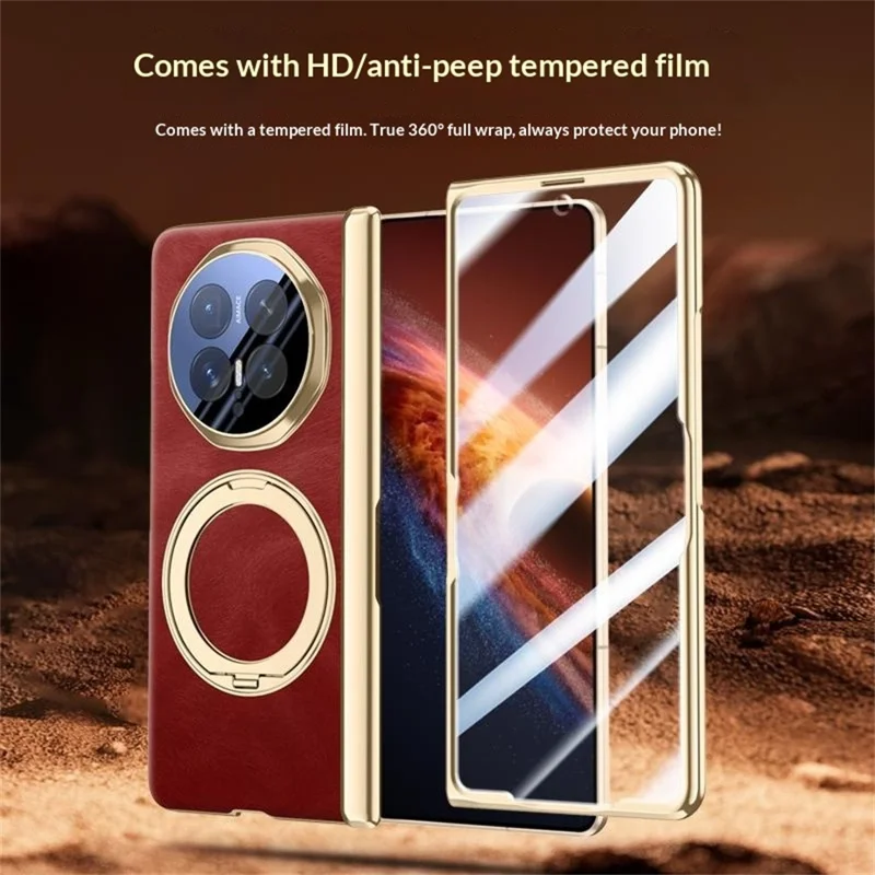 For Honor Magic V6 5G Magnetic Case with Tempered Glass 360° Rotatable Metal Ring Kickstand PU Leather + PC + Acrylic Cover - Red