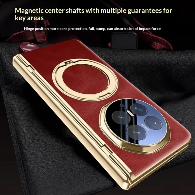 For Honor Magic V6 5G Magnetic Case with Tempered Glass 360° Rotatable Metal Ring Kickstand PU Leather + PC + Acrylic Cover - Red