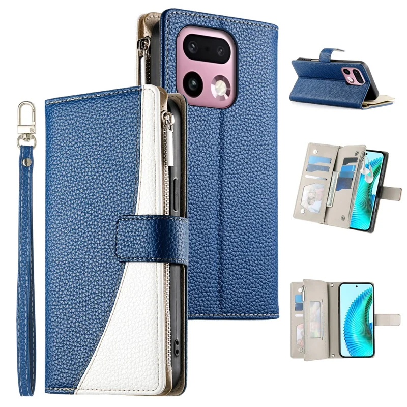 For Realme 16 Pro+ 5G Leather Case Zipper Wallet Color Splicing Flip Phone Cover with Straps - Dark Blue