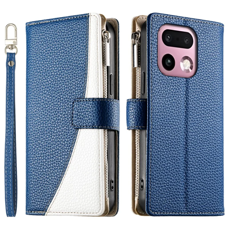 For Realme 16 Pro+ 5G Leather Case Zipper Wallet Color Splicing Flip Phone Cover with Straps - Dark Blue