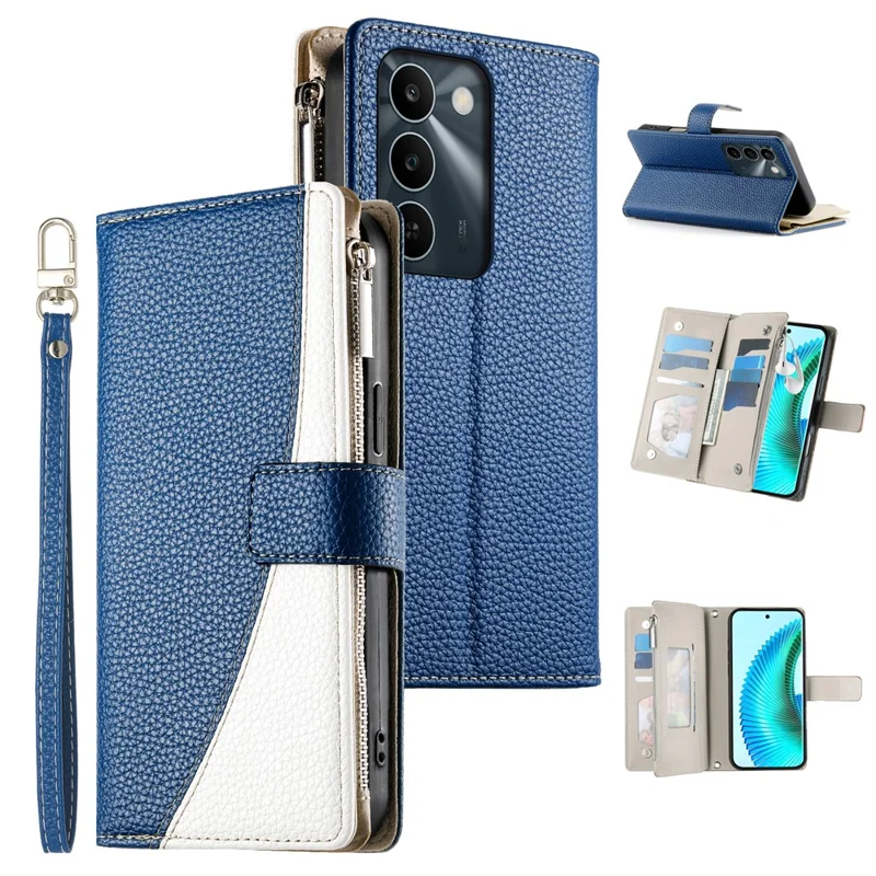 For Realme C83 5G Leather Case Zipper Wallet Color Splicing Flip Phone Cover with Straps - Dark Blue