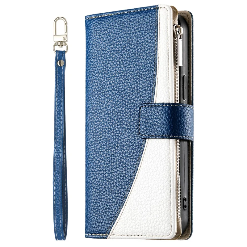 For Realme C83 5G Leather Case Zipper Wallet Color Splicing Flip Phone Cover with Straps - Dark Blue