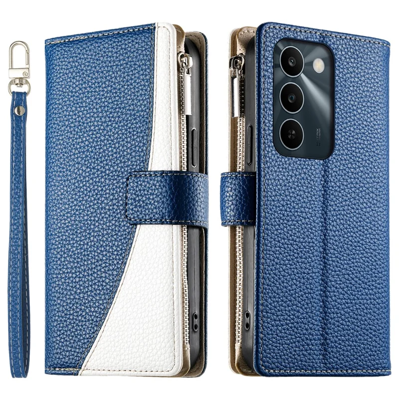 For Realme C83 5G Leather Case Zipper Wallet Color Splicing Flip Phone Cover with Straps - Dark Blue