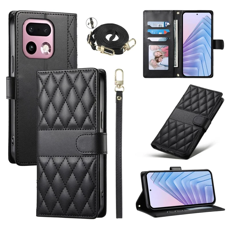 For Realme 16 Pro+ 5G Wallet Case Rhombus Stitching Stand Leather Phone Cover with Long  /  Short Strap - Black