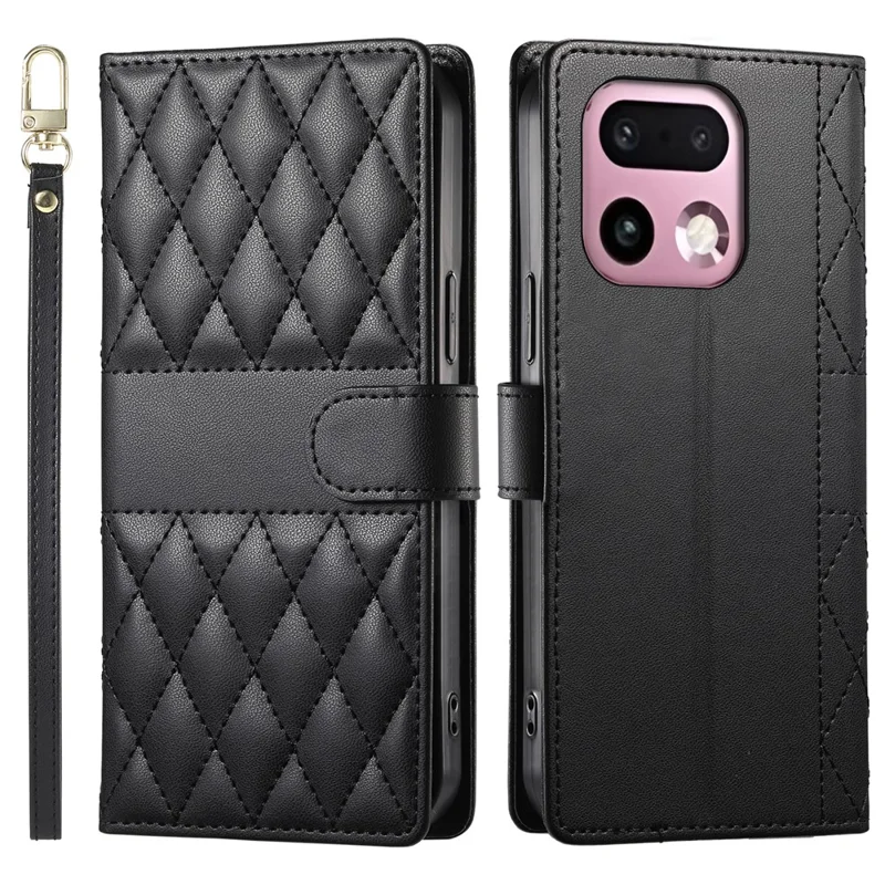 For Realme 16 Pro+ 5G Wallet Case Rhombus Stitching Stand Leather Phone Cover with Long  /  Short Strap - Black