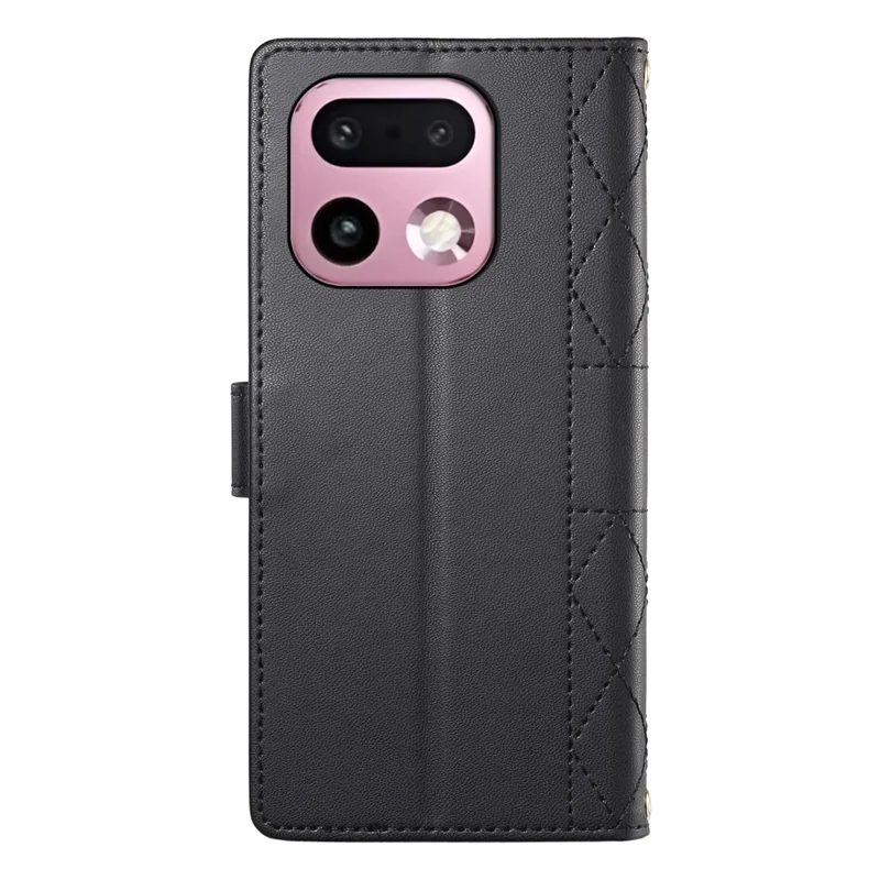 For Realme 16 Pro+ 5G Wallet Case Rhombus Stitching Stand Leather Phone Cover with Long  /  Short Strap - Black
