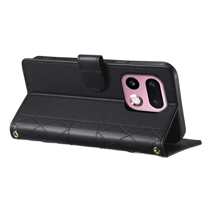 For Realme 16 Pro+ 5G Wallet Case Rhombus Stitching Stand Leather Phone Cover with Long  /  Short Strap - Black