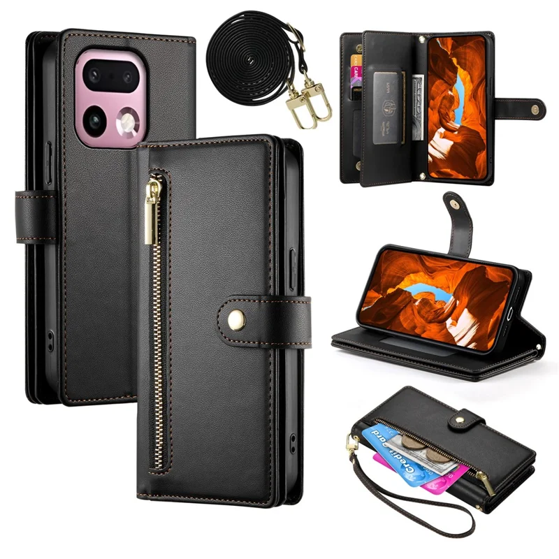 For Realme 16 Pro+ 5G Leather Case Zipper Pocket Wallet Phone Cover with Straps - Black