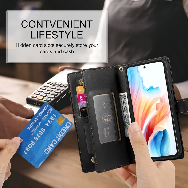 For Realme 16 Pro+ 5G Leather Case Zipper Pocket Wallet Phone Cover with Straps - Black