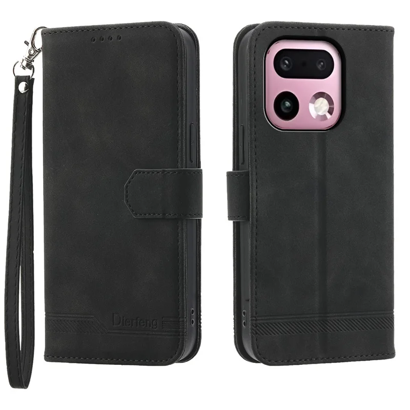 DIERFENG DF-03 For Realme 16 Pro+ 5G Leather Case Lines Imprint Wallet Phone Cover with Wrist Strap - Black