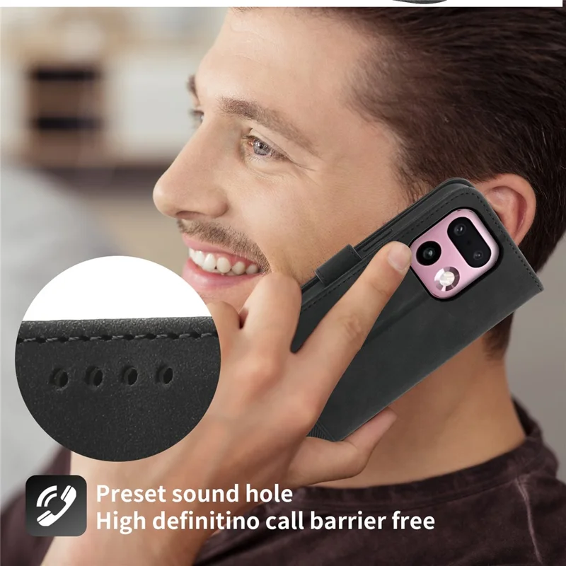 DIERFENG DF-03 For Realme 16 Pro+ 5G Leather Case Lines Imprint Wallet Phone Cover with Wrist Strap - Black