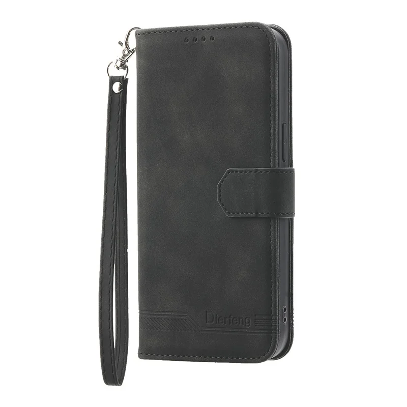 DIERFENG DF-03 For Realme 16 Pro+ 5G Leather Case Lines Imprint Wallet Phone Cover with Wrist Strap - Black