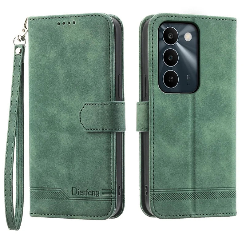 DIERFENG DF-03 For Realme C83 5G Leather Case Lines Imprint Wallet Phone Cover with Wrist Strap - Green