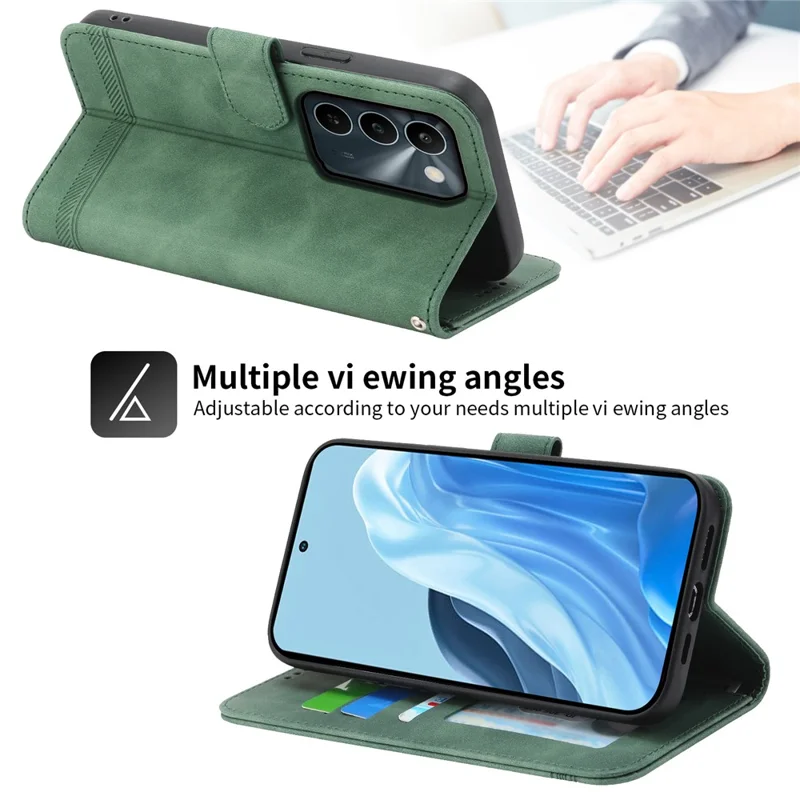 DIERFENG DF-03 For Realme C83 5G Leather Case Lines Imprint Wallet Phone Cover with Wrist Strap - Green