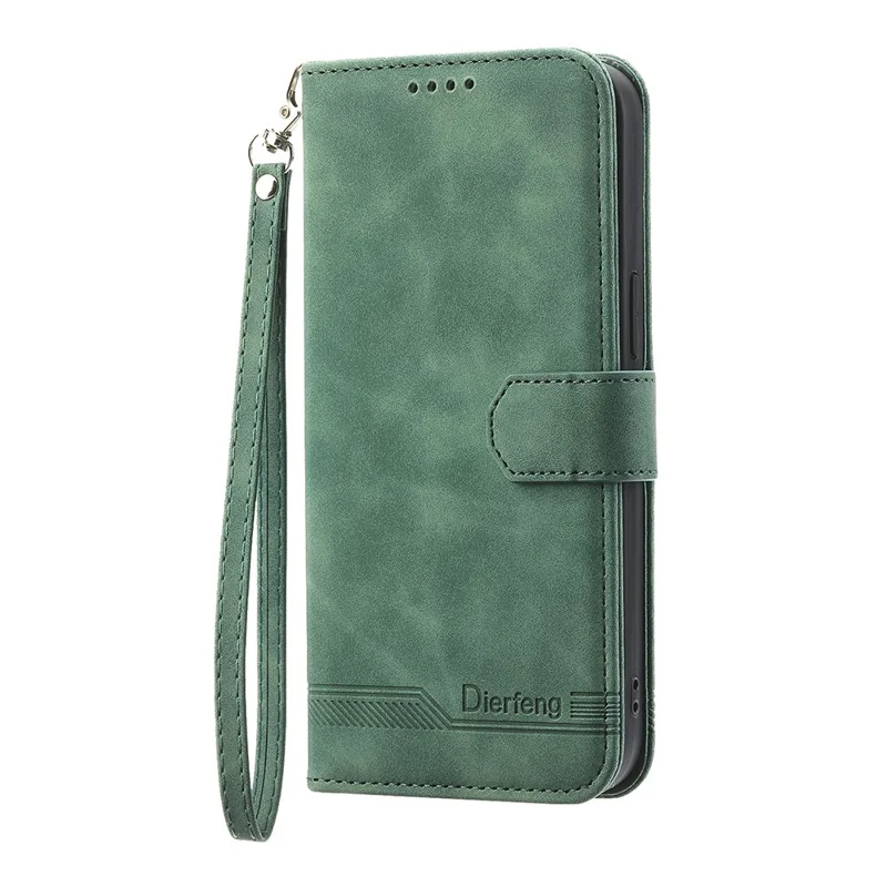 DIERFENG DF-03 For Realme C83 5G Leather Case Lines Imprint Wallet Phone Cover with Wrist Strap - Green