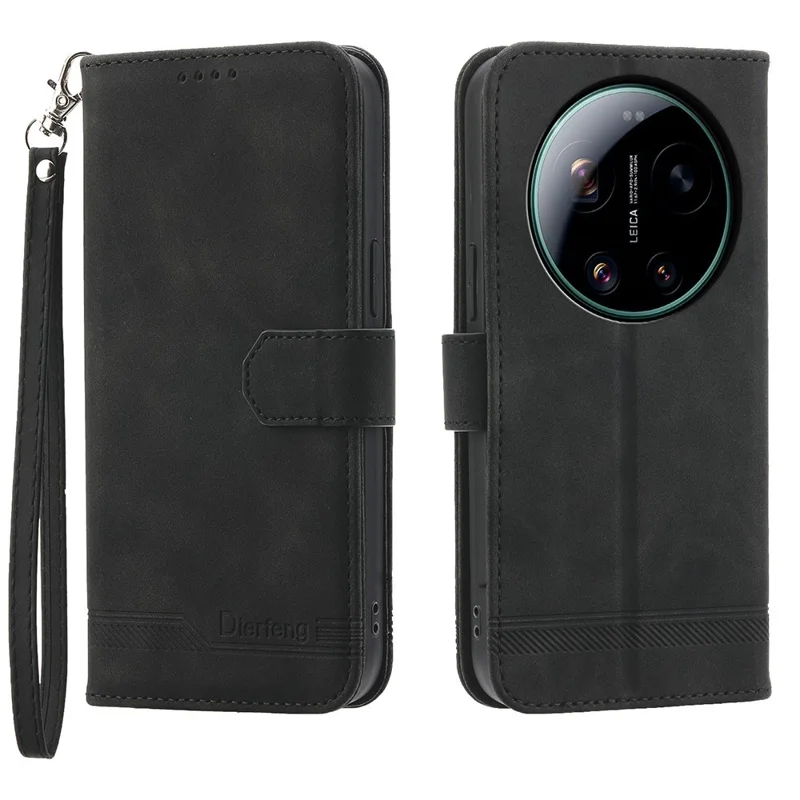 DIERFENG DF-03 For Xiaomi 17 Ultra 5G Leather Case Lines Imprint Wallet Phone Cover with Wrist Strap - Black