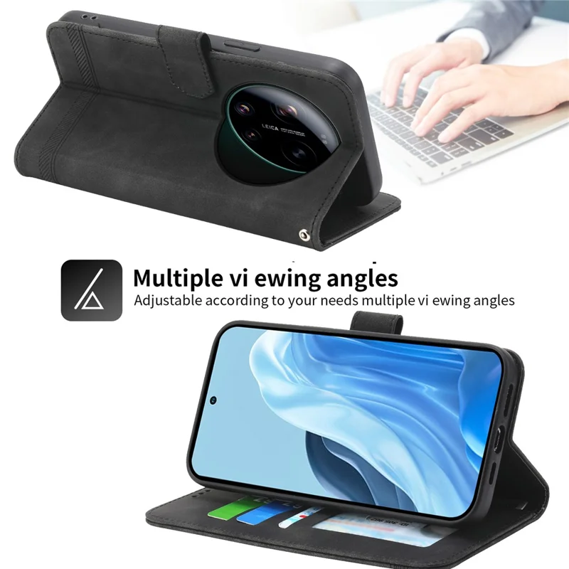 DIERFENG DF-03 For Xiaomi 17 Ultra 5G Leather Case Lines Imprint Wallet Phone Cover with Wrist Strap - Black