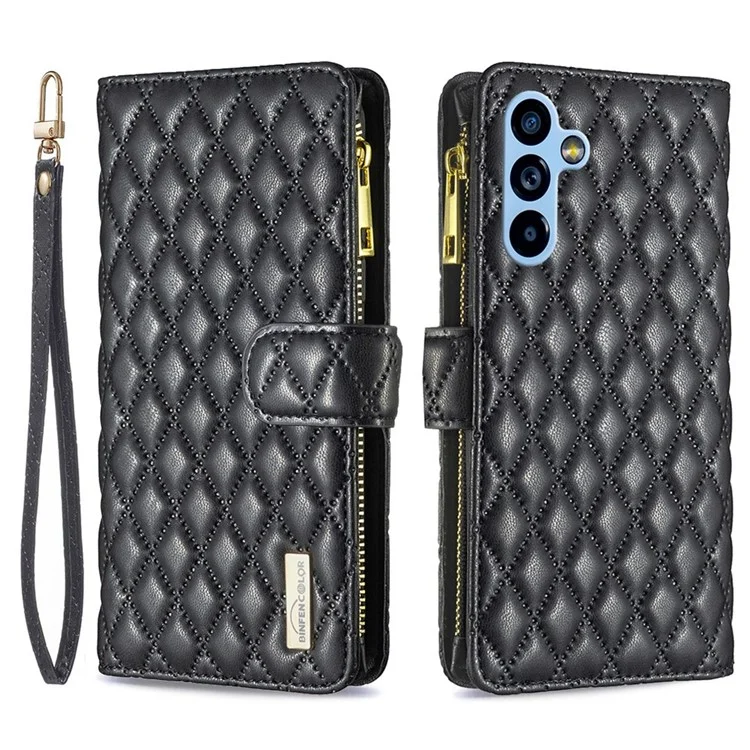 BINFEN COLOR BF Style-15 pour Samsung Galaxy A54 5G Étui en cuir PU avec poche à fermeture éclair, motif en forme de losange imprimé, portefeuille pliable avec support et sangle - Noir