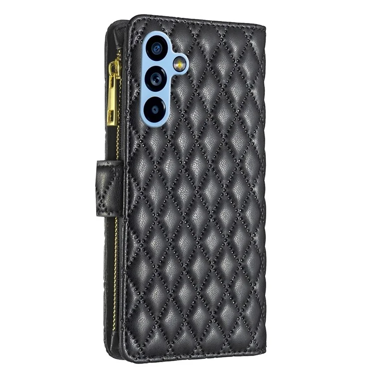 BINFEN COLOR BF Style-15 pour Samsung Galaxy A54 5G Étui en cuir PU avec poche à fermeture éclair, motif en forme de losange imprimé, portefeuille pliable avec support et sangle - Noir