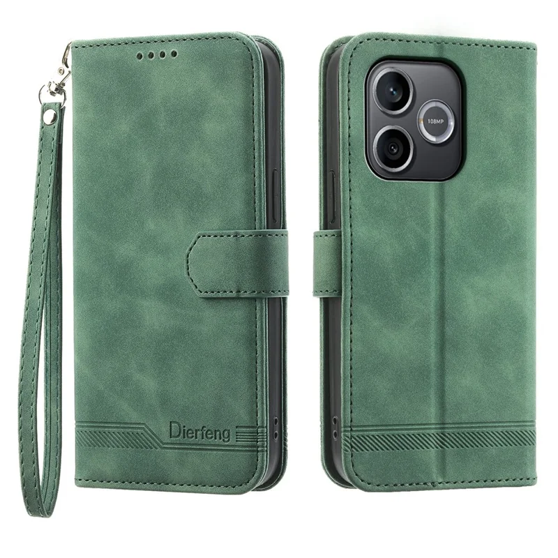 DIERFENG DF-03 For Honor 600 Lite 5G Leather Case Lines Imprint Wallet Phone Cover with Wrist Strap - Green