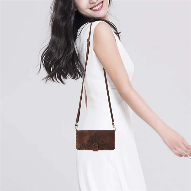 For Realme 16 Pro+ 5G Wallet Case Flower Pattern PU Leather Phone Cover with Strap - Brown