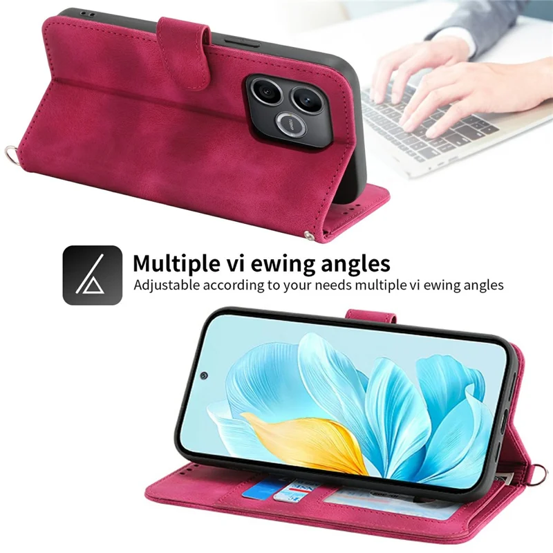 Cover portafoglio per Honor 600 Lite 5G con motivo floreale, custodia in pelle PU con tracolla - Rosso vino