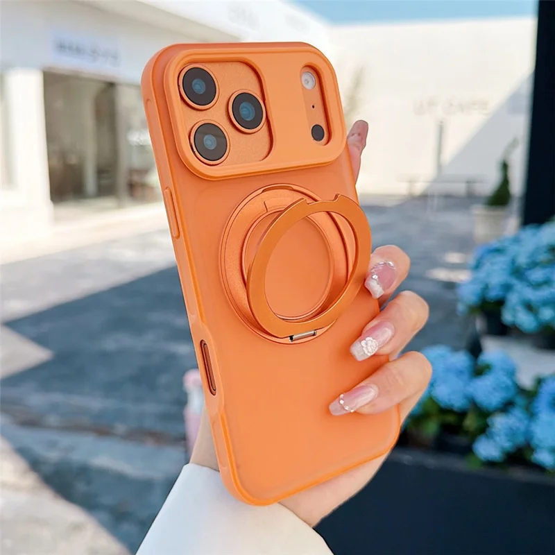 For iPhone 17 Pro Max Magnetic Case Rotating Ring Kickstand PC + TPU Skin-touch Phone Cover - Transparent Orange