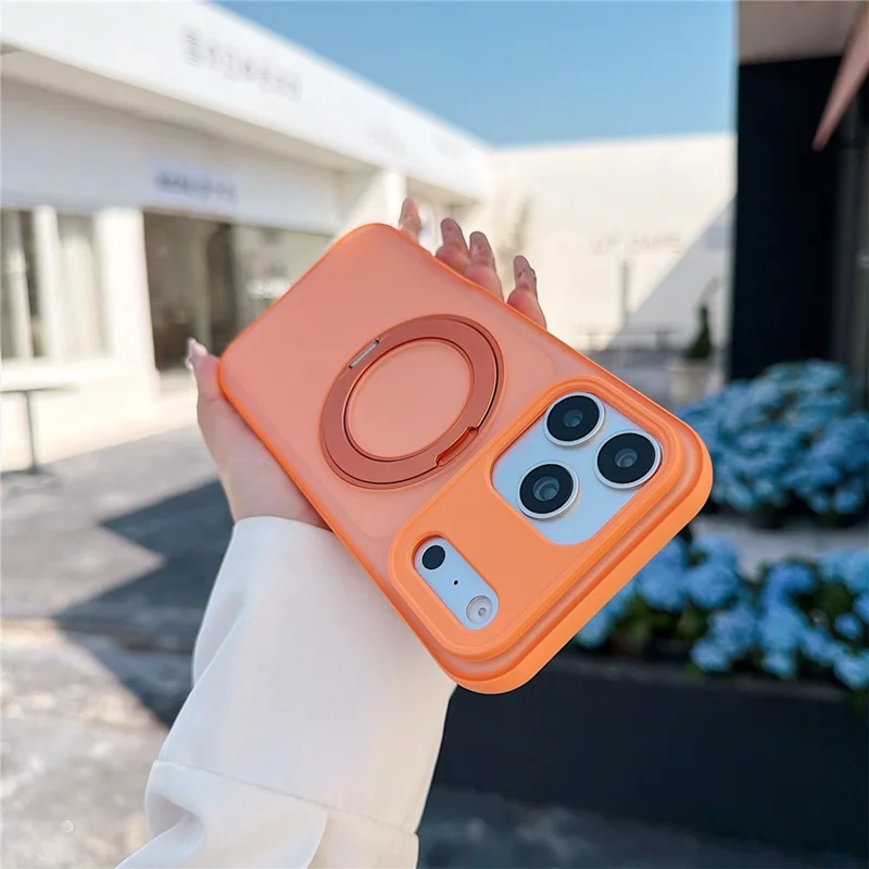 For iPhone 17 Pro Max Magnetic Case Rotating Ring Kickstand PC + TPU Skin-touch Phone Cover - Transparent Orange
