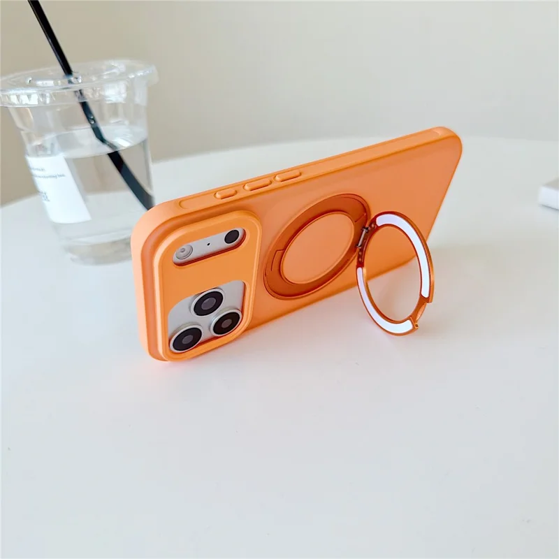 For iPhone 17 Pro Max Magnetic Case Rotating Ring Kickstand PC + TPU Skin-touch Phone Cover - Transparent Orange