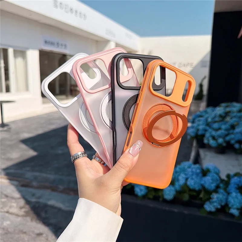 For iPhone 17 Pro Max Magnetic Case Rotating Ring Kickstand PC + TPU Skin-touch Phone Cover - Transparent Orange
