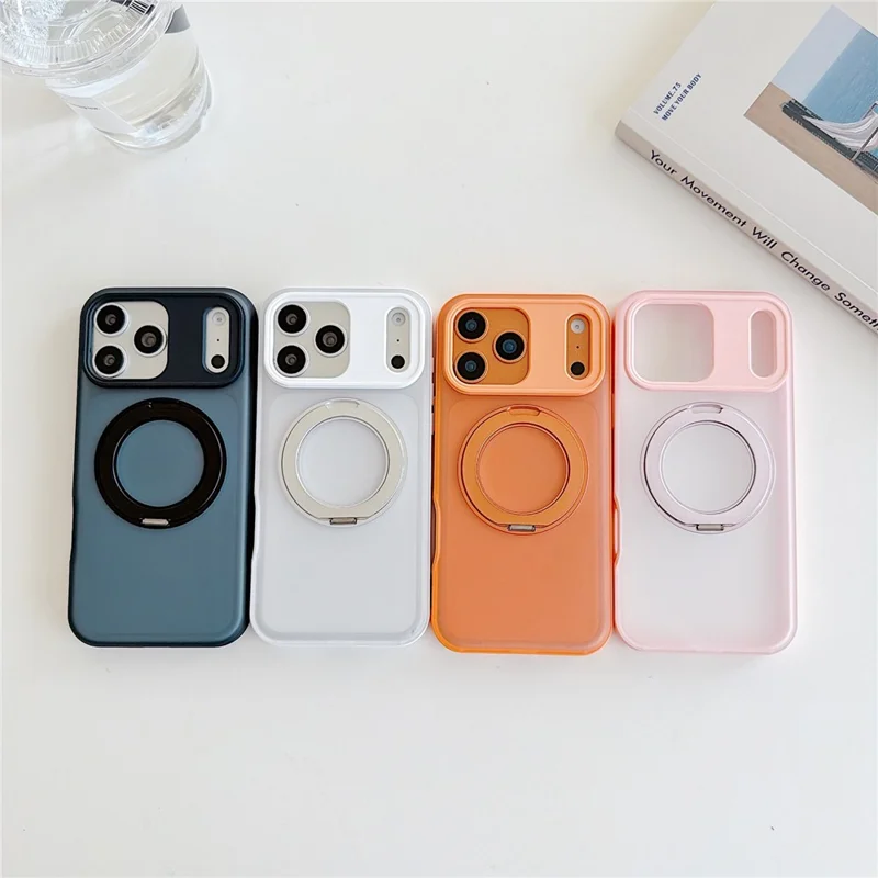 For iPhone 17 Pro Max Magnetic Case Rotating Ring Kickstand PC + TPU Skin-touch Phone Cover - Transparent Orange