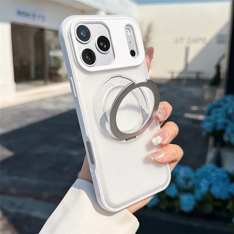 For iPhone 17 Pro Magnetic Case Rotating Ring Kickstand PC + TPU Skin-touch Phone Cover - Transparent White