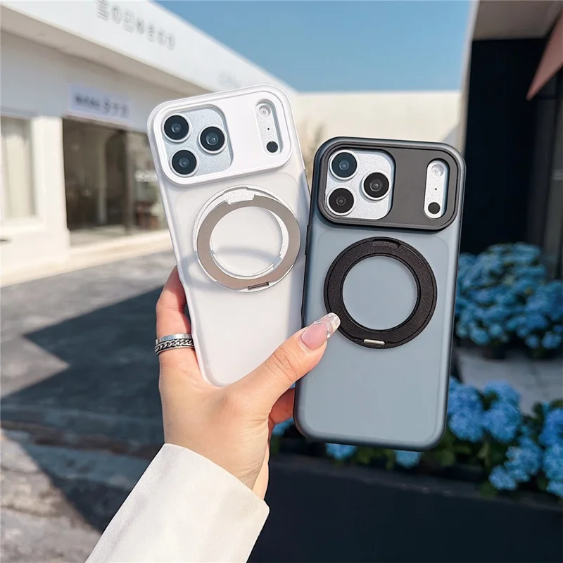 For iPhone 17 Pro Magnetic Case Rotating Ring Kickstand PC + TPU Skin-touch Phone Cover - Transparent White