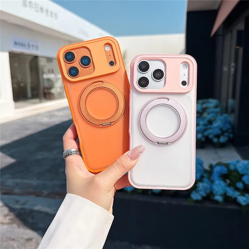 For iPhone 17 Pro Magnetic Case Rotating Ring Kickstand PC + TPU Skin-touch Phone Cover - Transparent White