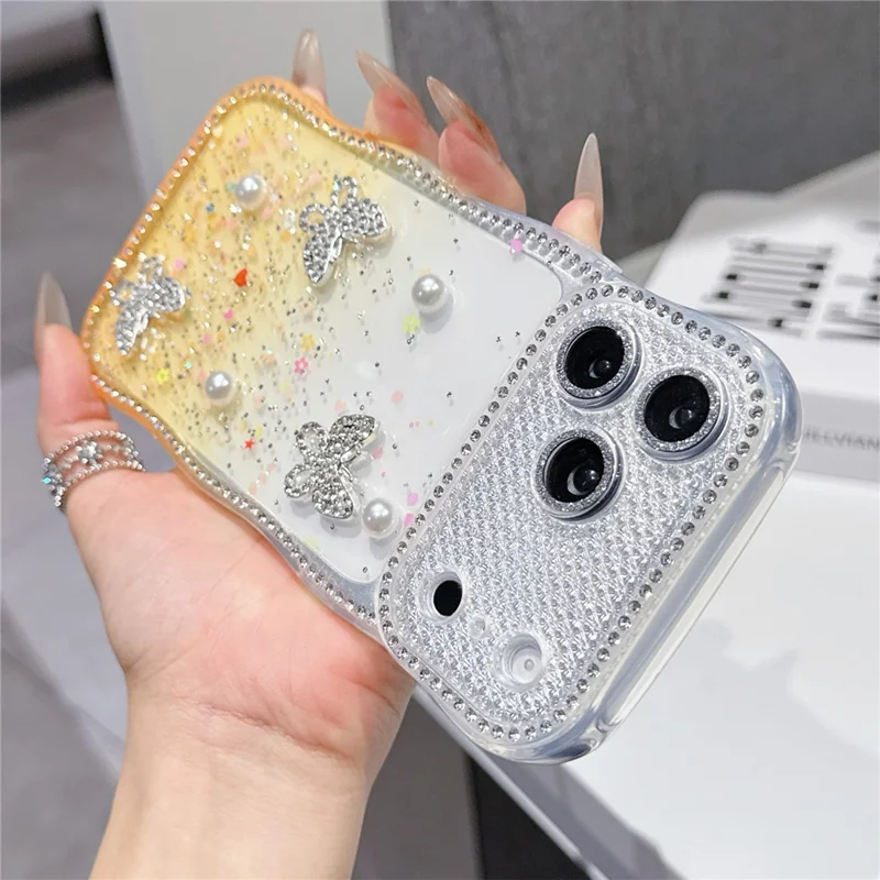 Für iPhone 17 Pro TPU-Hülle mit Strass-Butterfly-Perlen-Glitzer-Epoxid-Telefonabdeckung mit Glaslinsenschutz – Gradientgelb