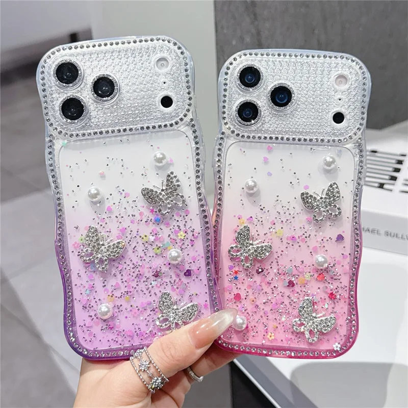 Für iPhone 17 Pro TPU-Hülle mit Strass-Butterfly-Perlen-Glitzer-Epoxid-Telefonabdeckung mit Glaslinsenschutz – Gradientgelb