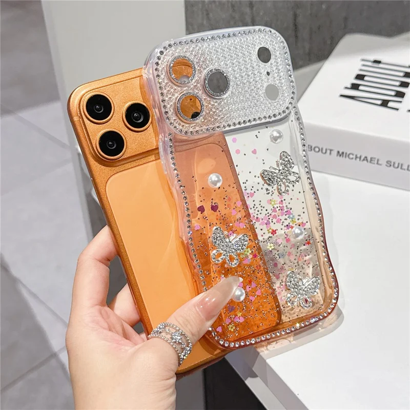 Für iPhone 17 Pro TPU-Hülle mit Strass-Butterfly-Perlen-Glitzer-Epoxid-Telefonabdeckung mit Glaslinsenschutz – Gradientgelb