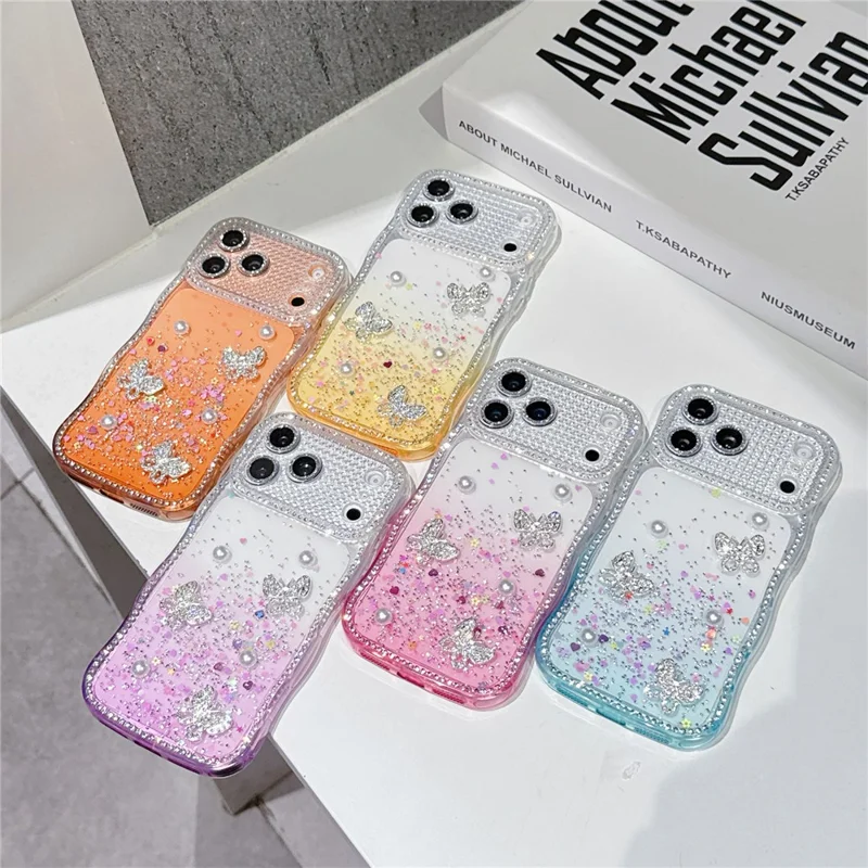 Für iPhone 17 Pro TPU-Hülle mit Strass-Butterfly-Perlen-Glitzer-Epoxid-Telefonabdeckung mit Glaslinsenschutz – Gradientgelb