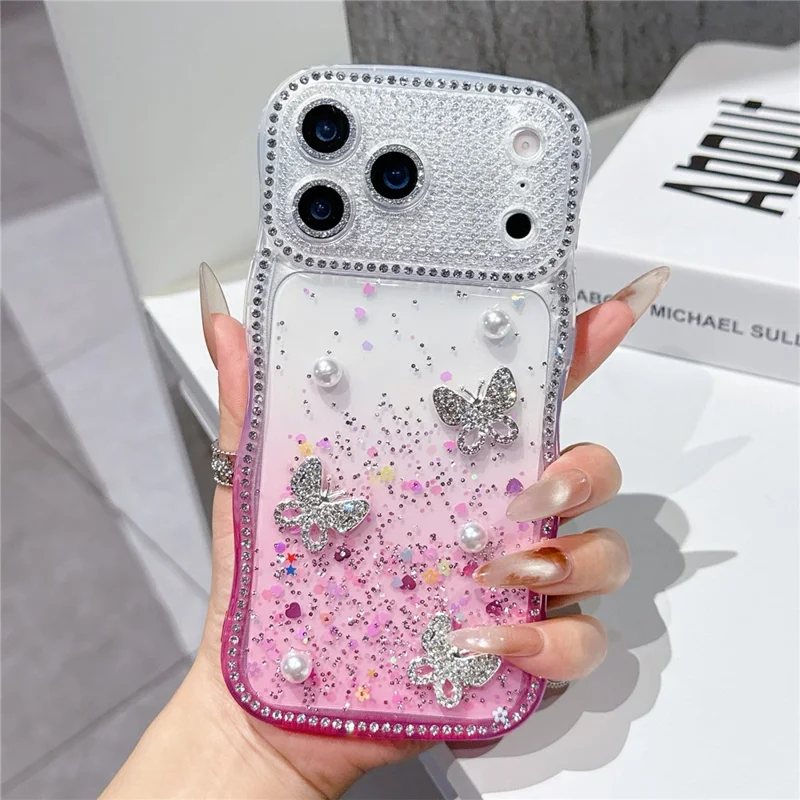 Für iPhone 17 Pro Max TPU Hülle mit Strass-Butterfly-Perlen-Glitzer-Epoxy-Telefonabdeckung mit Glasobjektivschutz - Gradient Rosa